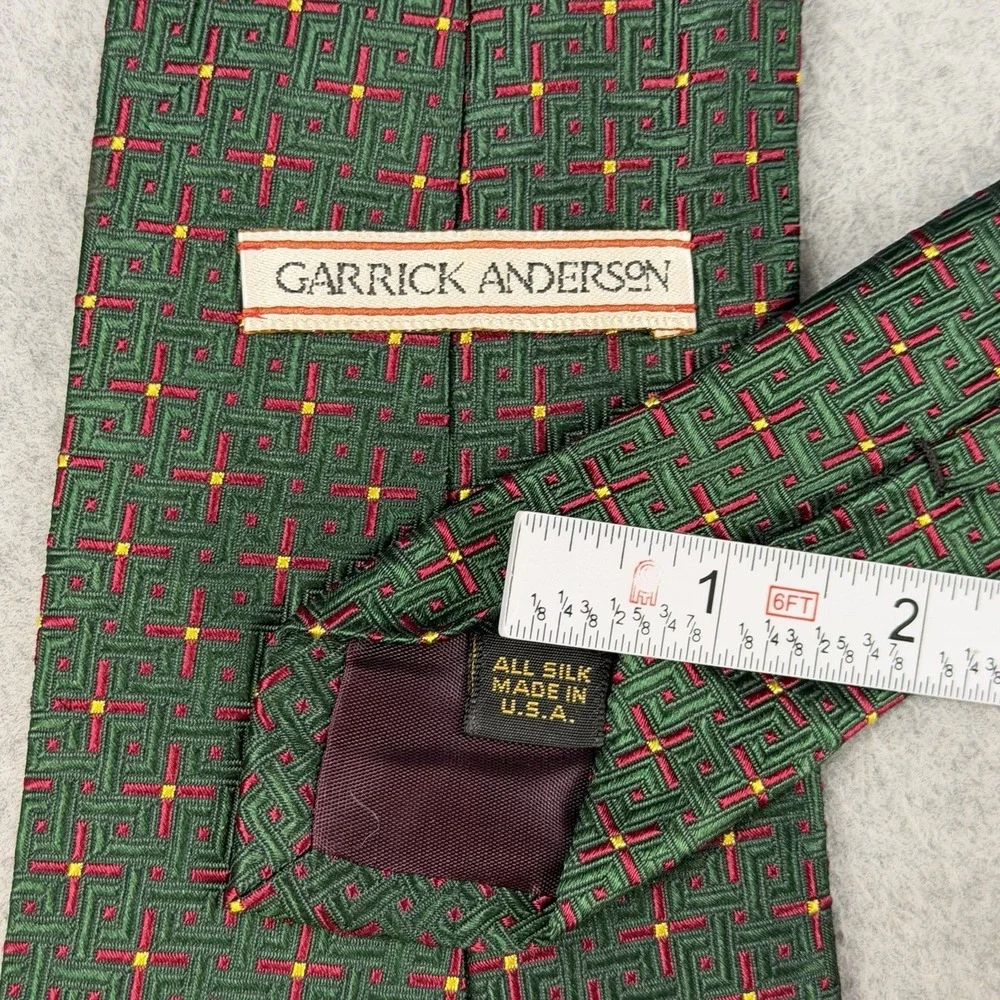 Vintage Garrick Anderson Silk Tie‎ Green Geometric Red Gold USA Necktie 58 X 4